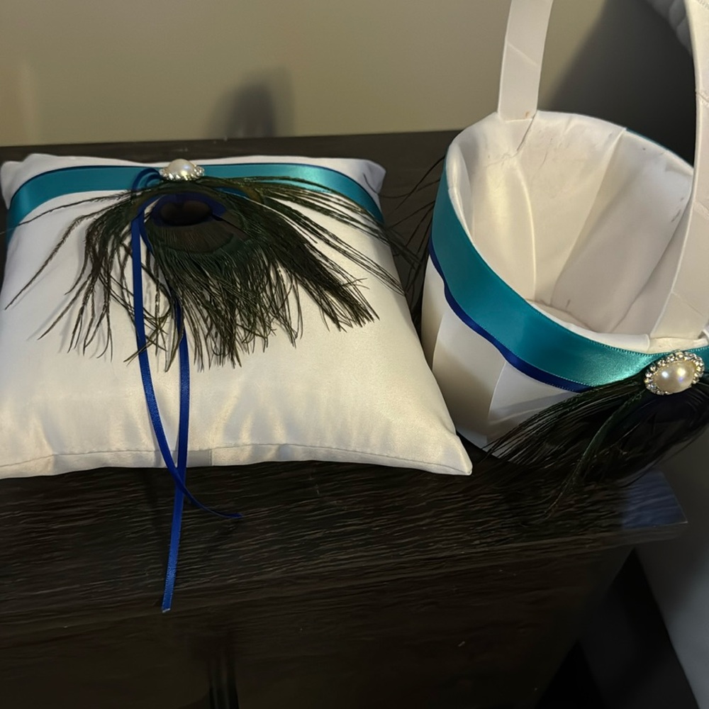 Peacock ring bearer pillow and flower girl basket